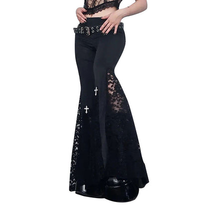 High-Waisted Lace Hollow Black Flare Pants Punk Style