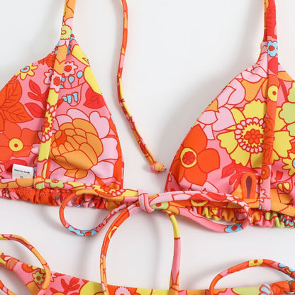 Print String Tie Backless Spaghetti Swimwear