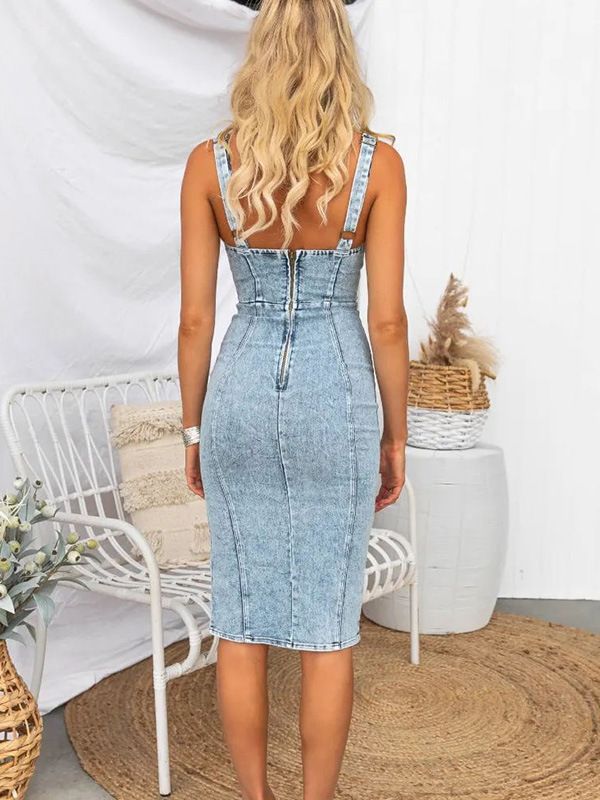 Casual U-Neck Denim Midi Dress