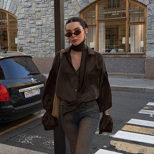 Bell Sleeve Lapel Satin Shirt For Women