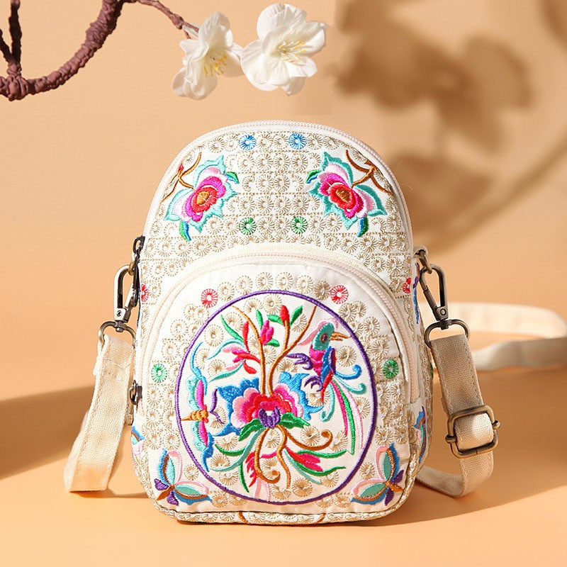 Embroidered Double-Layer 7-Inch Large-Screen Mobile Phone Bag Crossbody Bag Female Canvas Small Bag