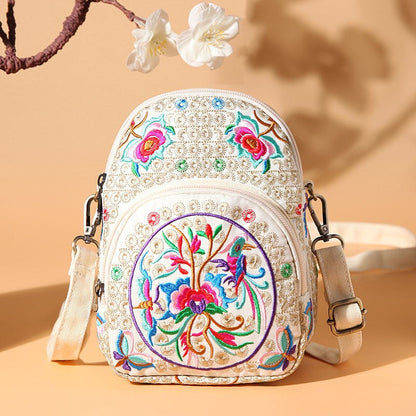Embroidered Double-Layer 7-Inch Large-Screen Mobile Phone Bag Crossbody Bag Female Canvas Small Bag