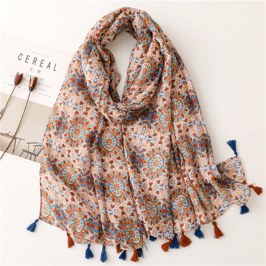Vintage Ethnic Style Cotton Linen Scarf Women'S Geometric Floral Fringe Shawl Woman