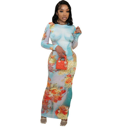 Floral Print Long Sleeve Bodycon Dress Casual Street Style