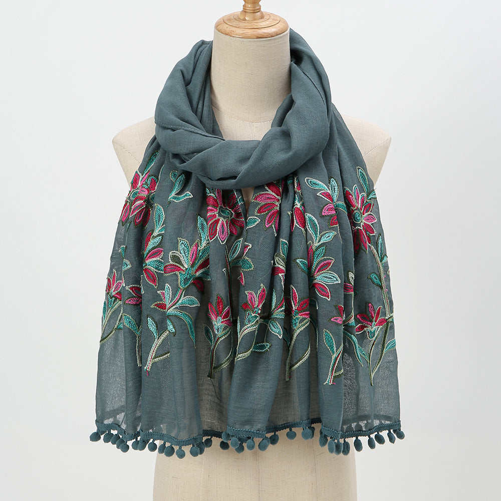 New Embroidered Furball Scarf, Cotton And Linen Shawl, Women'S Ethnic Style Retro Style, With Spring And Autumn Scarf