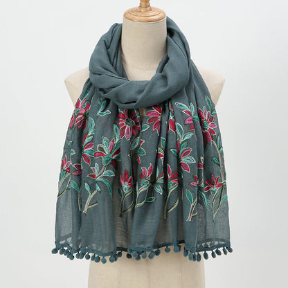 New Embroidered Furball Scarf, Cotton And Linen Shawl, Women'S Ethnic Style Retro Style, With Spring And Autumn Scarf