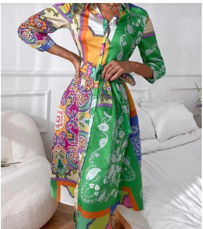 Women'S Lace-Up Print Polo Neck Midi Dress