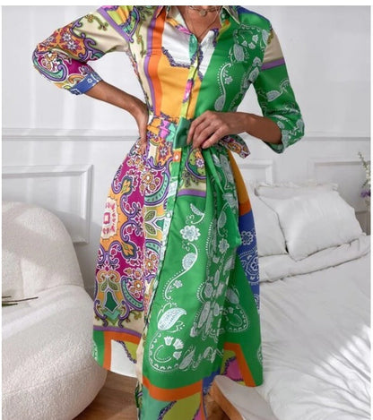 Women'S Lace-Up Print Polo Neck Midi Dress