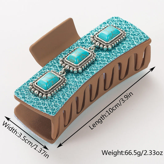 Vintage Leopard Print Hair Claw Clips with Alloy & Turquoise Accents
