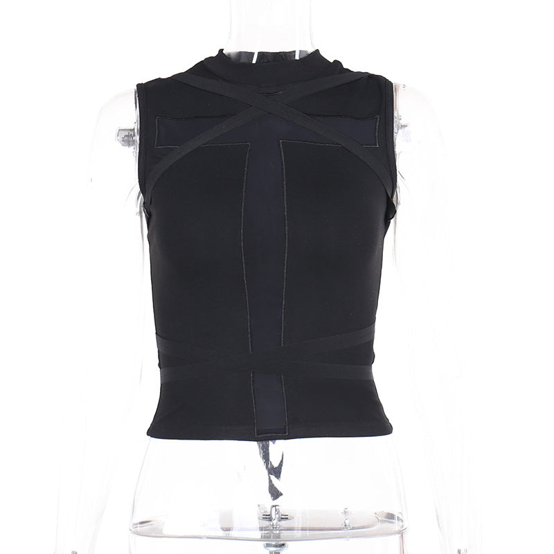 Black Sleeveless Cross Strap Top Trendy Casual Women