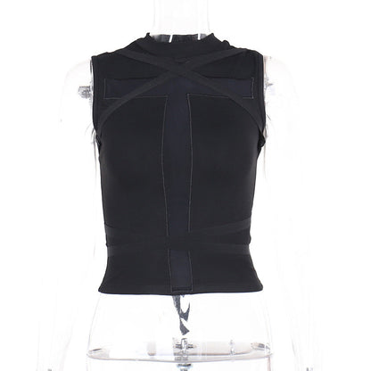 Black Sleeveless Cross Strap Top Trendy Casual Women