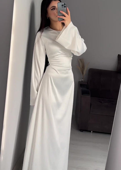 Satin Long Sleeve Maxi Dress With Lace Up Back