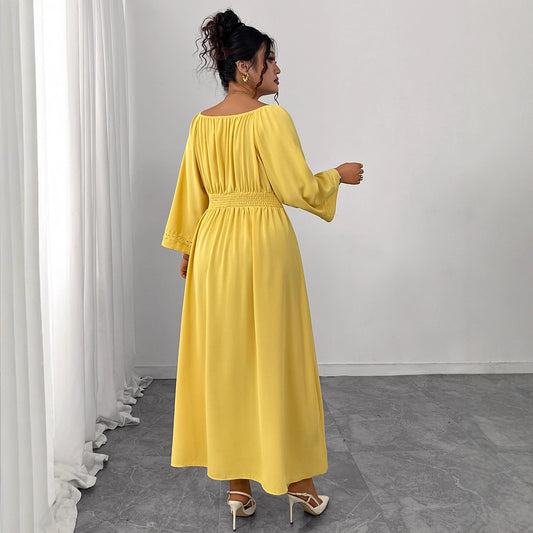 Yellow Deep V-Neck Dress Elegant High-Waisted Gown