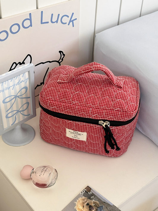 Color Block Heart Plaid Quilted Makeup Bag
