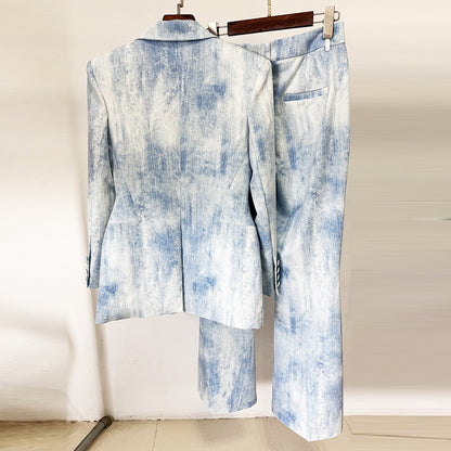 Abstract Print Cotton Blazer And Trousers Set Stylish Casual Outfit