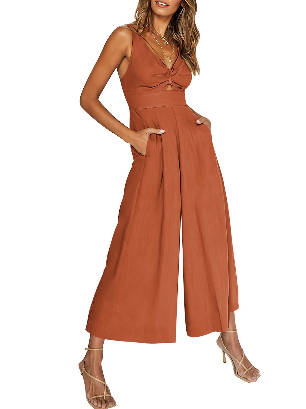 V-Neck Solid Color Straight Leg Jumpsuit