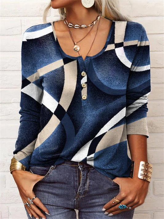 Autumn And Winter Loose Long-Sleeved Geometric Floral U-Neck Button T-Shirt Women