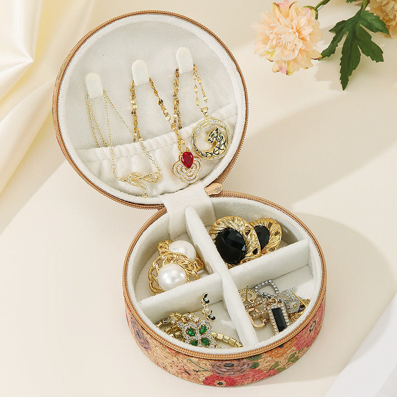 Vintage Flower Print Round Wooden Jewelry Case