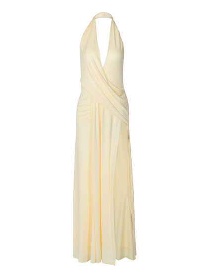 Fashionable Deep V-Neck Backless Ruched Maxi Dress
