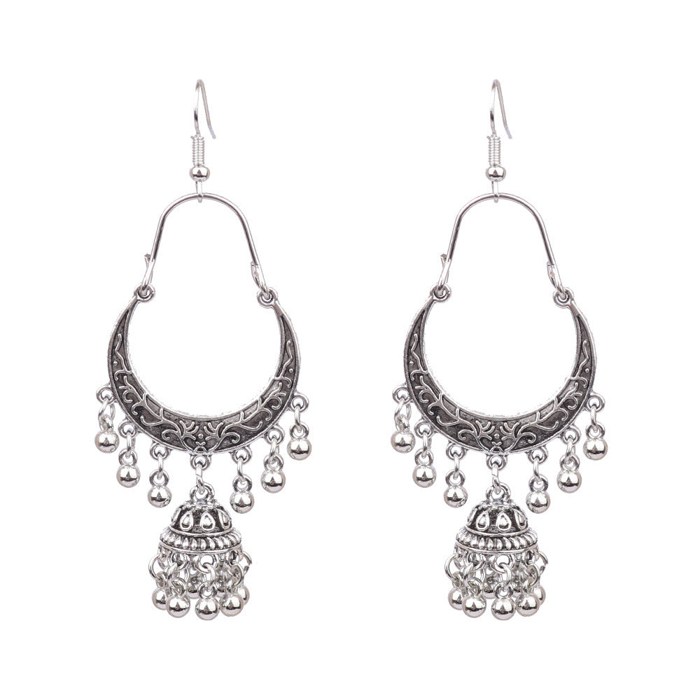 Bohemian Geometric Alloy Earrings with Bell Detail