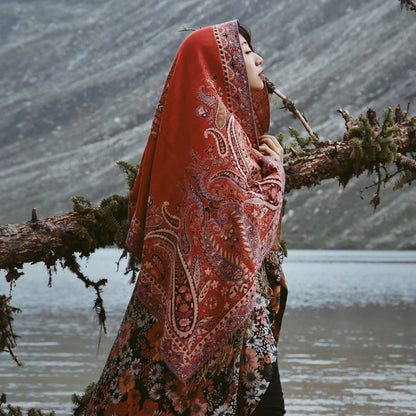 Tibetan Sunscreen Scarf  Women Retro Red National Style Shawl