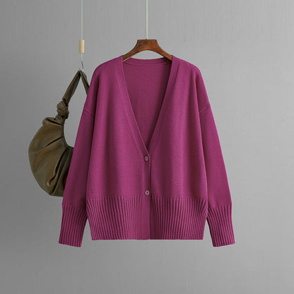 Elegant V-Neck Solid Color Loose Knit Cardigan