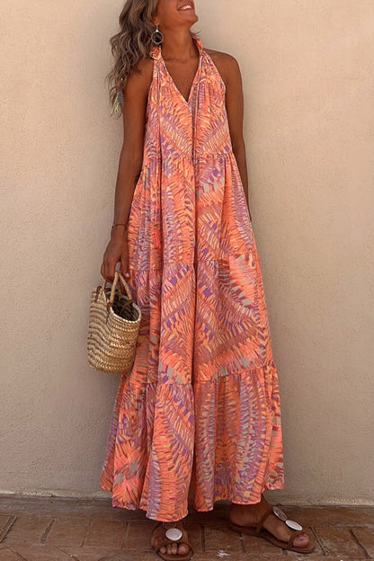 Summer Loose Fitting Women'S Printed Neck Hanging Sleeveless V-Neck Large Swing Long Dress