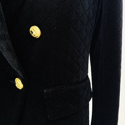 Double Breasted Velvet Blazer with Metal Lion Button