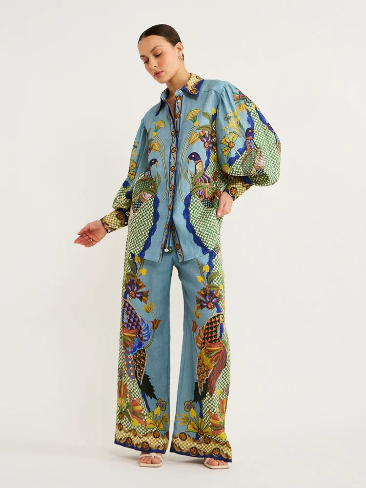 Trendy Animal Print Puff Sleeve Linen Two-Piece Set