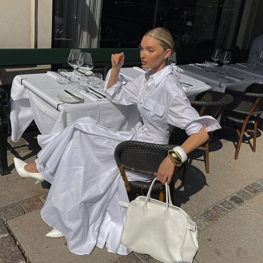 Elegant White Shirt Dress With Pleats And High Waist