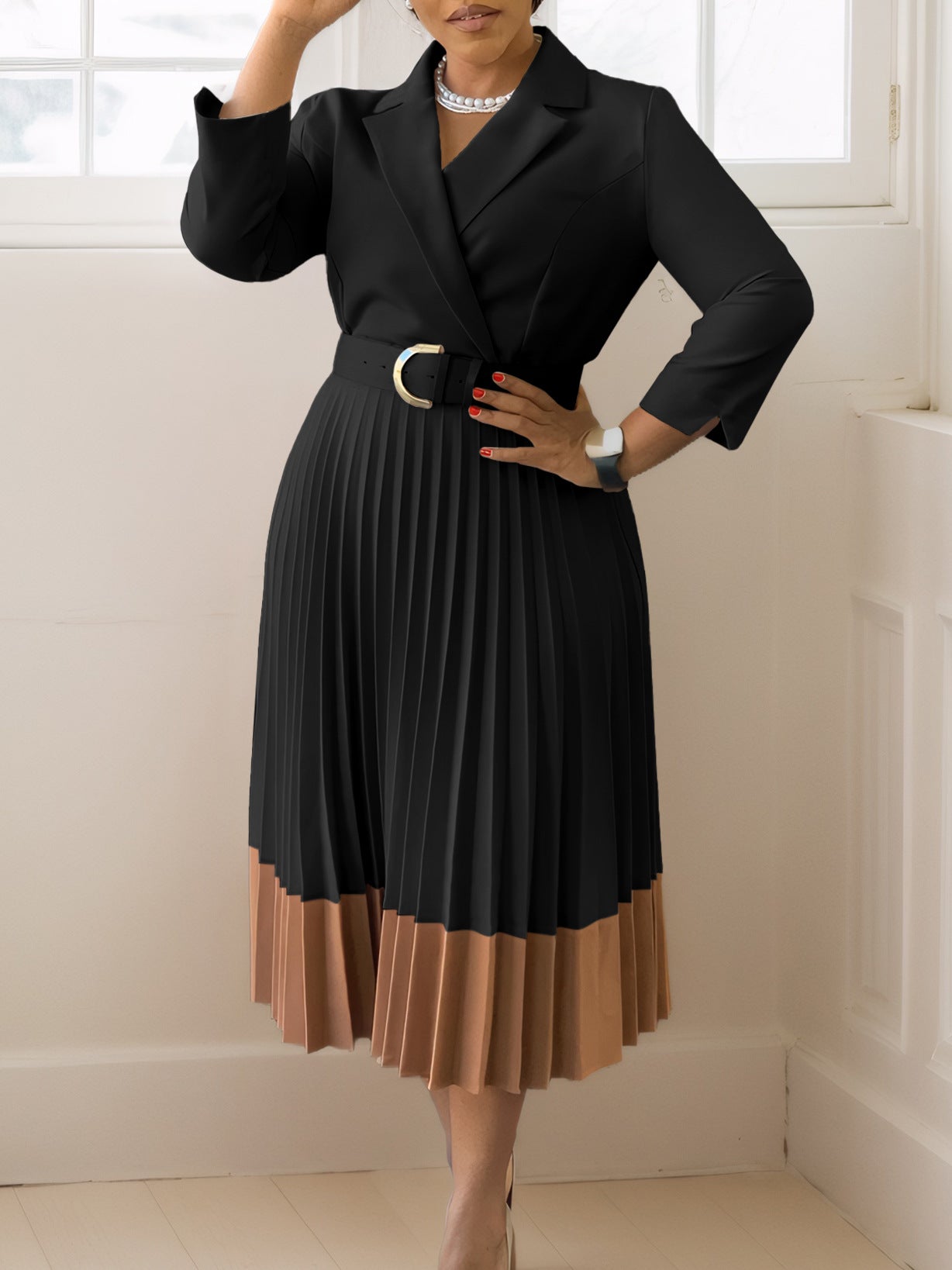 Elegant A-Line Dress With Suit Collar And Pleats
