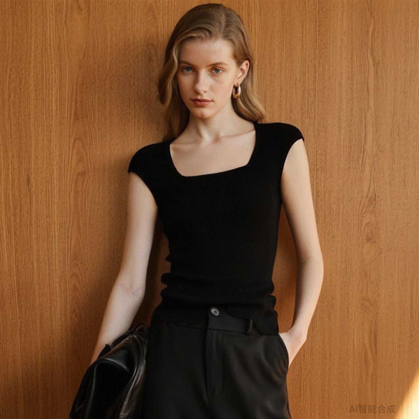 Feminine Square Neck Wool Blend Short Sleeve Top