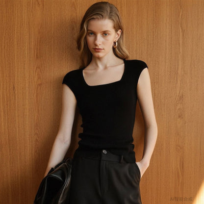 Feminine Square Neck Wool Blend Short Sleeve Top