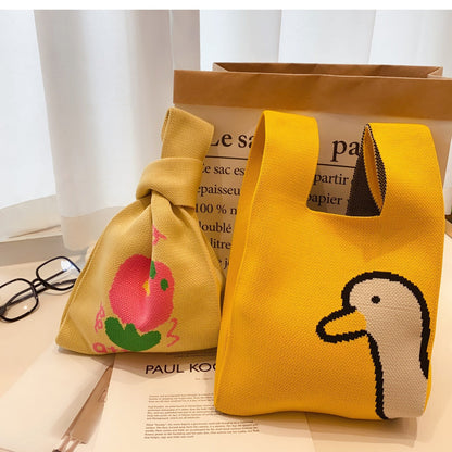 Trendy Cartoon Floral Knitted Tote Bag for Women