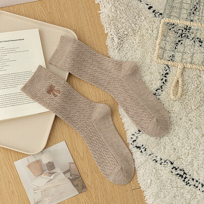 Simple Thicken Warm Bow Embroidery Crew Socks