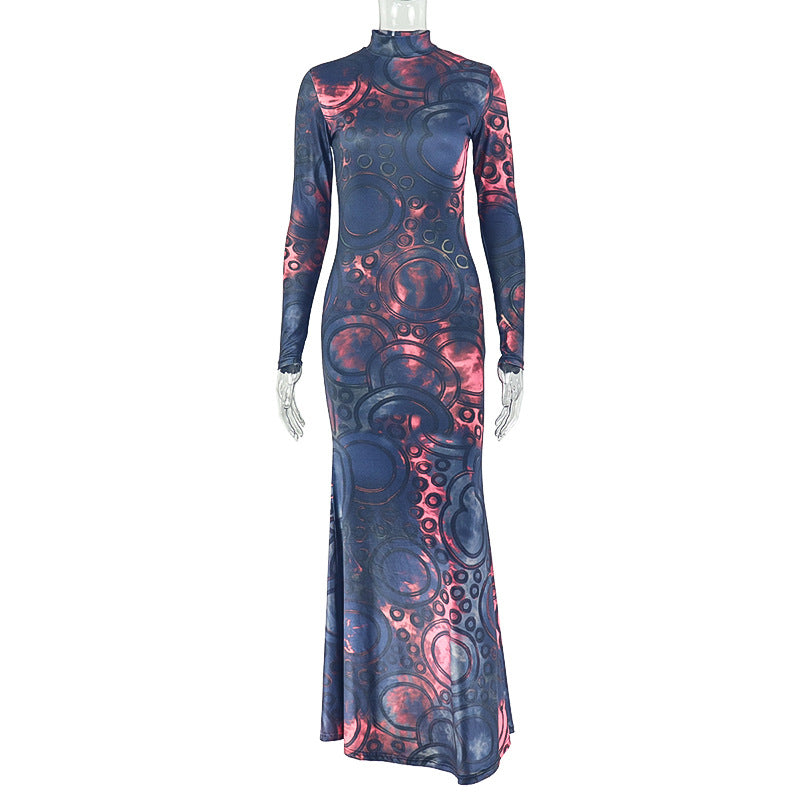 Color Block Bodycon Dress Abstract Print Long Sleeve High Collar