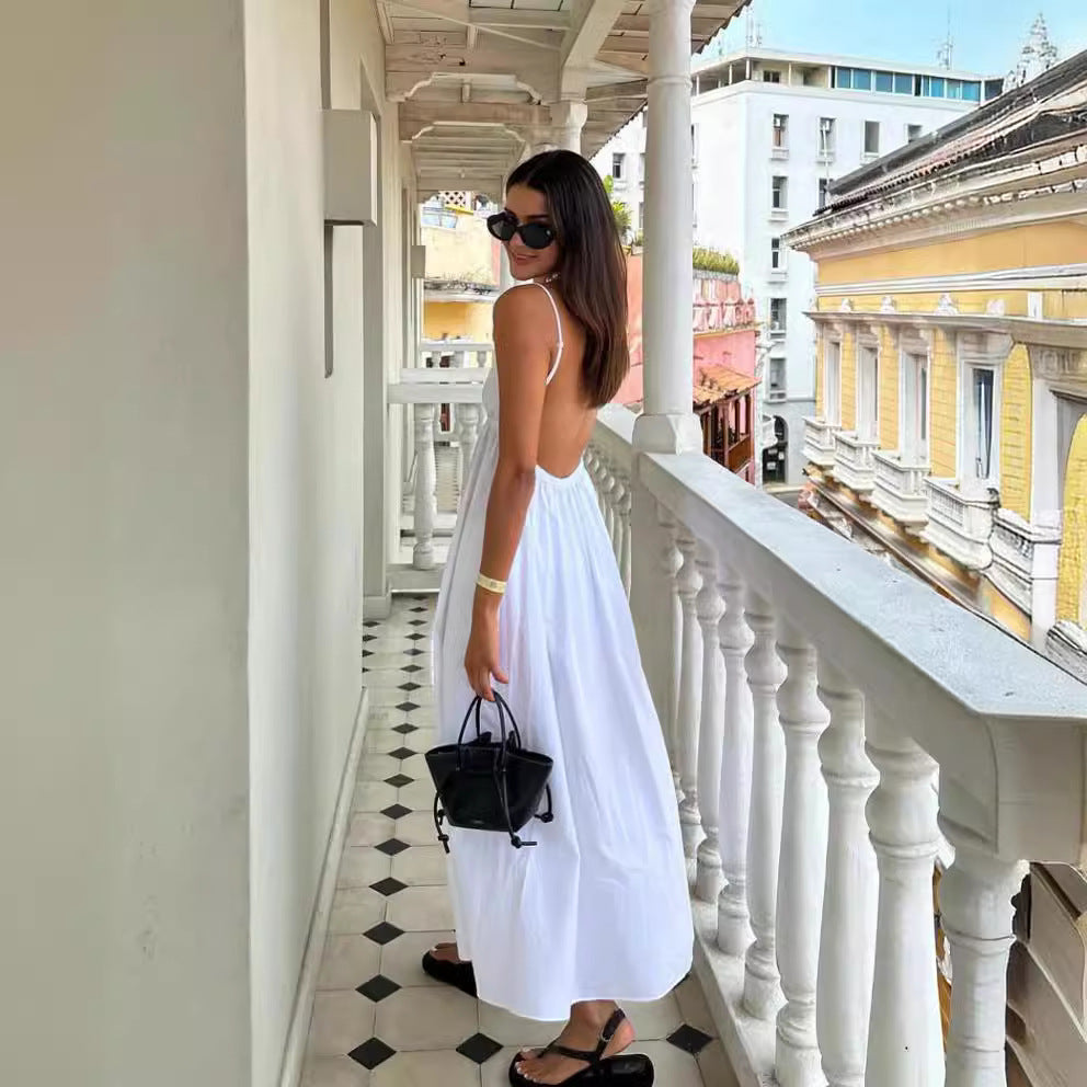 Summer New Women'S Clothing Suspender V-Neck Solid Color Versatile Backless Dress