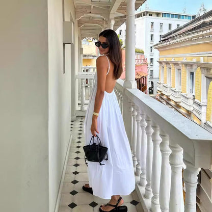Summer New Women'S Clothing Suspender V-Neck Solid Color Versatile Backless Dress