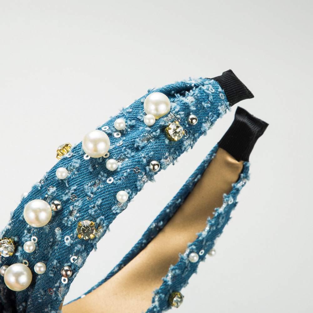Trendy Denim Headband With Pearl Sequins For Women