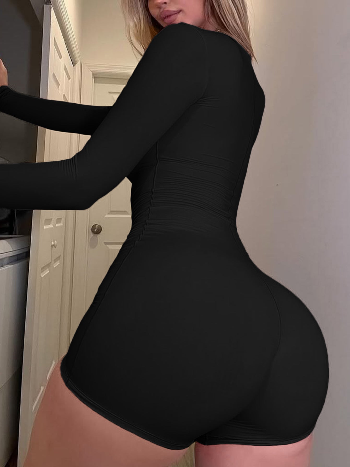 Women's Long Sleeve Bodysuit with Shorts in Solid Colors