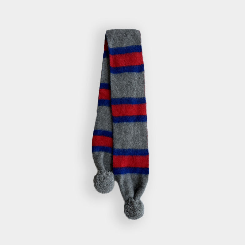 Cute Knit Striped Scarf with Pom Pom
