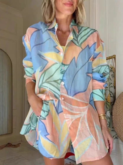 Elegant Loose Linen Shirt Set with Long Sleeves