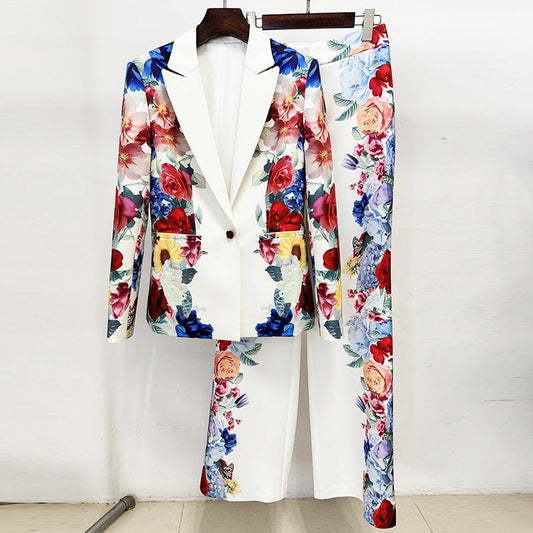 Floral Print Suit Jacket Set Stylish Casual Outfit