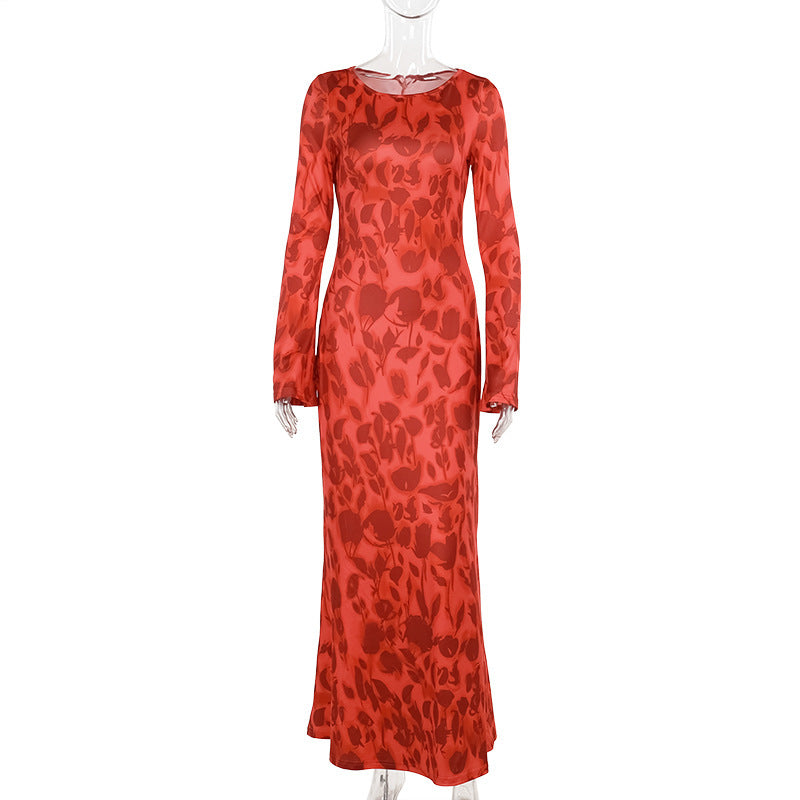 Elegant Floral Print A-Line Dress Comfortable Polyester Long Dress