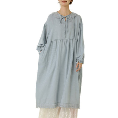 Sweet Lace Collar Long Sleeve Maxi Dress Casual Bamboo Cotton