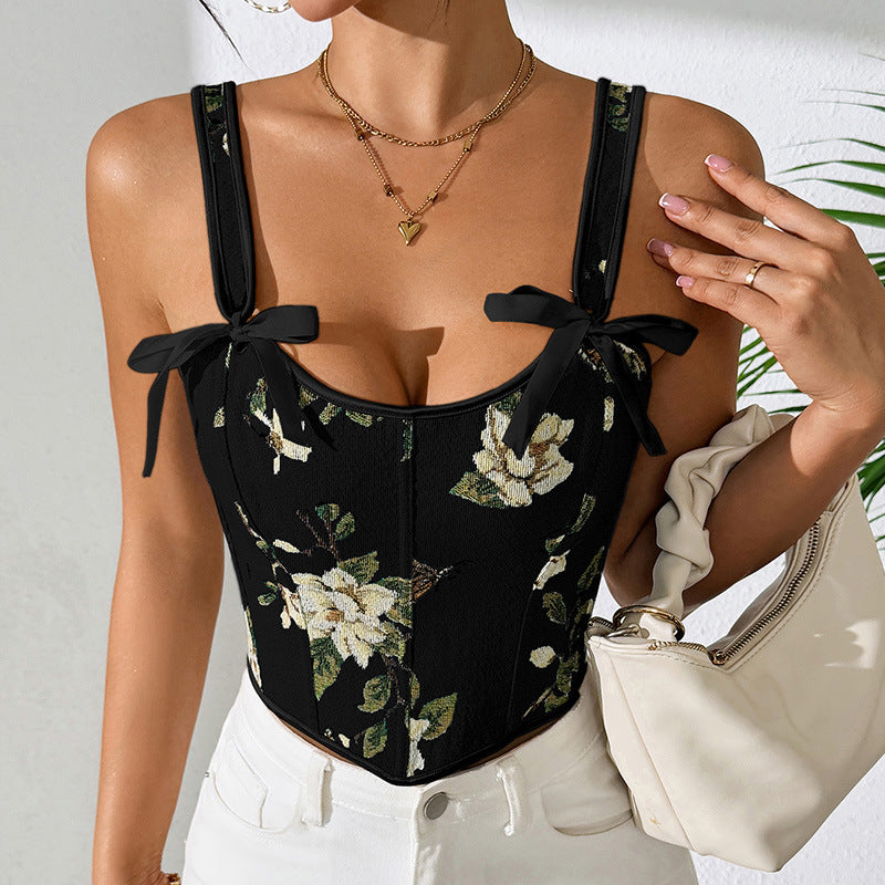 Sensual Floral Lace-Up Cami Top Vintage Style