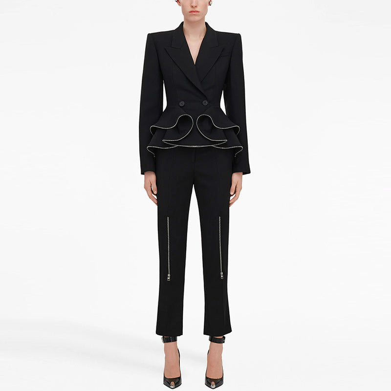 Ruffle Trim Blazer And Pants Set For Street Style
