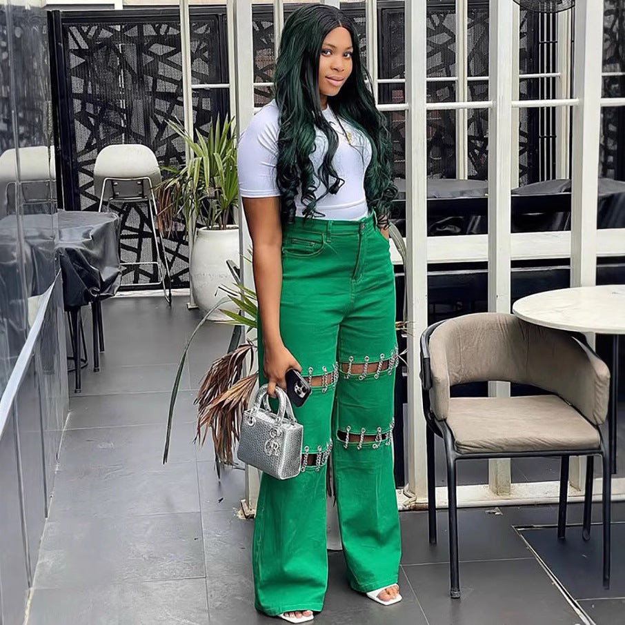 High-Waisted Denim Pants With Chain Details For Women