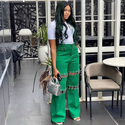 High-Waisted Denim Pants With Chain Details For Women