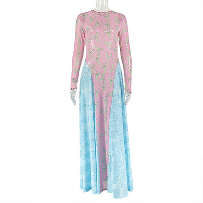 Color-Block Print A-Line Dress With Long Sleeves